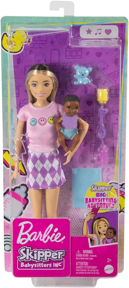 Barbie Dolls and Accessories, Skipper Doll (Two-Tone Hair) with Baby Figure and 5 Accessories, Babysitters Inc. Playset, HJY32