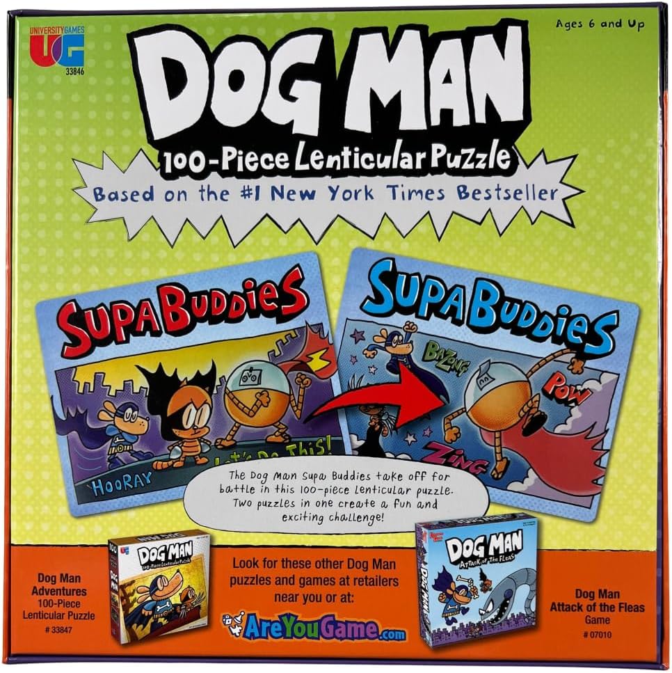 University Games 33846 Dog Man Supa Buddies 100 Piece Lenticular Jigsaw Puzzle, Multi-Colored, One Size