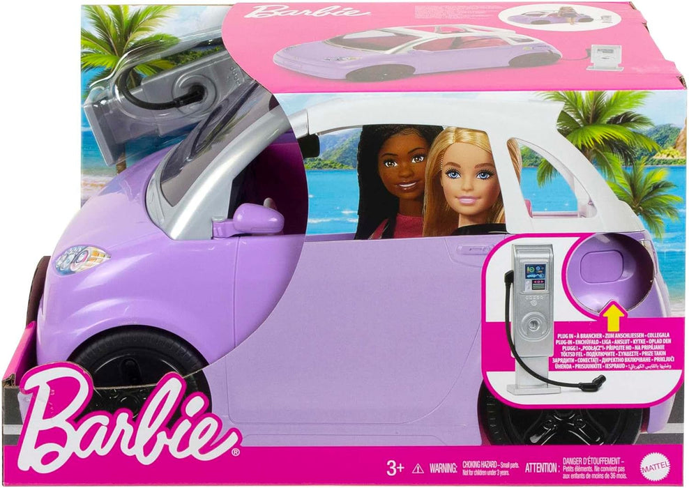 Barbie Car, Kids Toys, “Electric Vehicle” with Charging Station and Plug, Transforms into Convertible, Purple Car with Sunroof, Gifts for Kids, HJV36