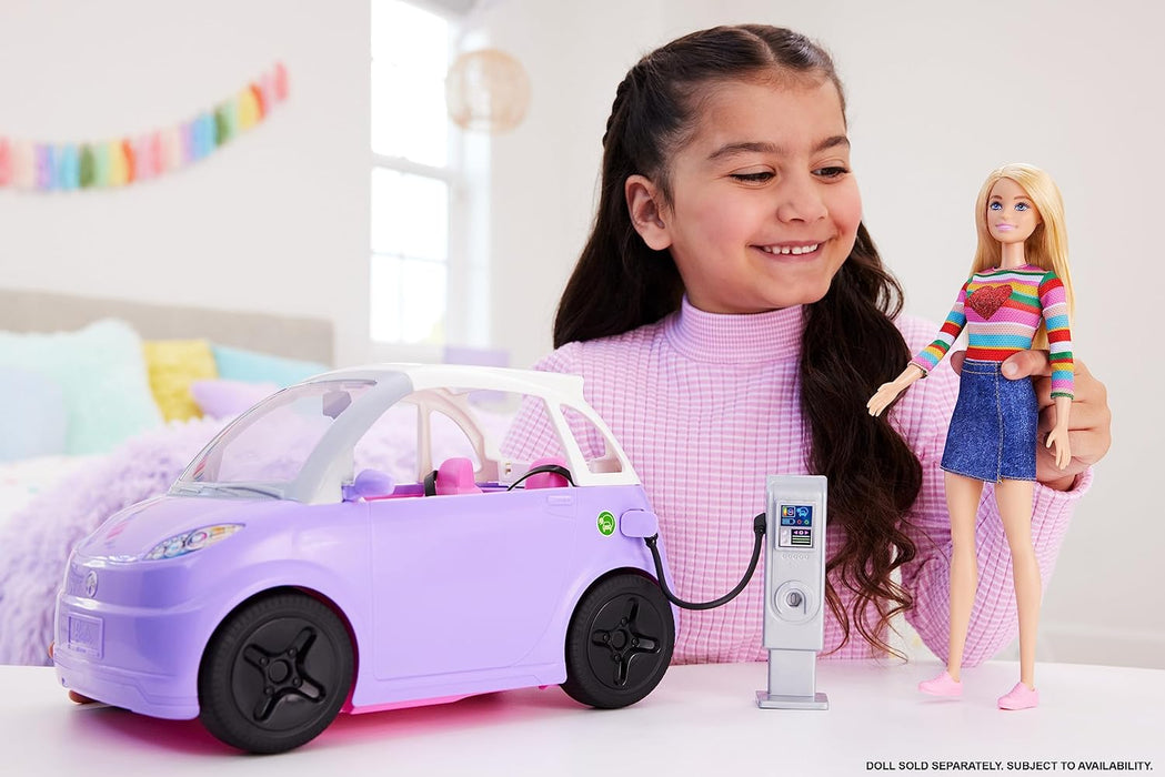 Barbie Car, Kids Toys, “Electric Vehicle” with Charging Station and Plug, Transforms into Convertible, Purple Car with Sunroof, Gifts for Kids, HJV36