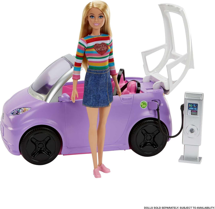 Barbie Car, Kids Toys, “Electric Vehicle” with Charging Station and Plug, Transforms into Convertible, Purple Car with Sunroof, Gifts for Kids, HJV36