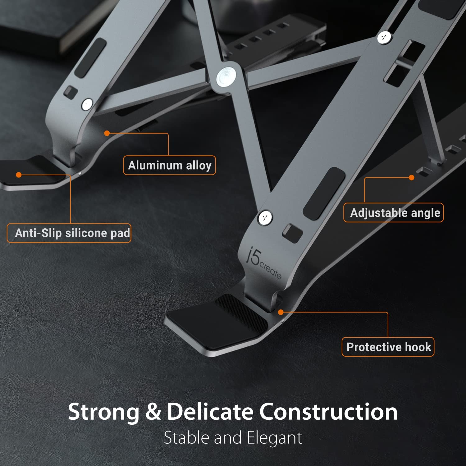 j5create Foldable Aluminum Laptop Stand with USB 4-Port Hub, Portable Notebook Riser with 4 USB3.2 Ports for MacBook, Laptop, Phone and Tablets up to 16 inch (JTS223