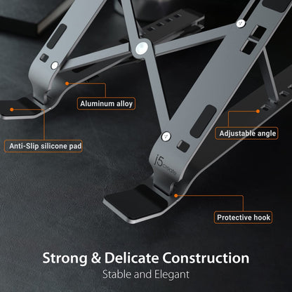 j5create Foldable Aluminum Laptop Stand with USB 4-Port Hub, Portable Notebook Riser with 4 USB3.2 Ports for MacBook, Laptop, Phone and Tablets up to 16 inch (JTS223
