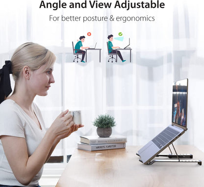 j5create Foldable Aluminum Laptop Stand with USB 4-Port Hub, Portable Notebook Riser with 4 USB3.2 Ports for MacBook, Laptop, Phone and Tablets up to 16 inch (JTS223