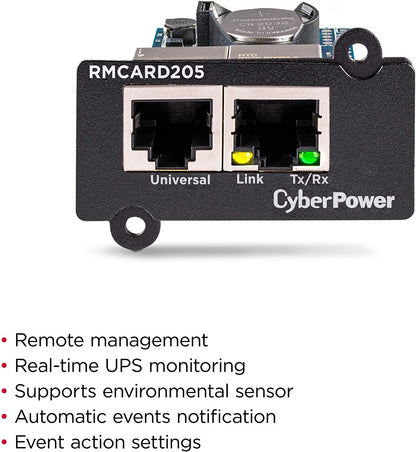 CyberPower Systems RMCARD205 Netzwerkkarte Fuer SNMP Slot - Kompatibel zu OR und PR Serie, Zwei Anschluesse: Netzwerk und Environment Senso, Schwarz