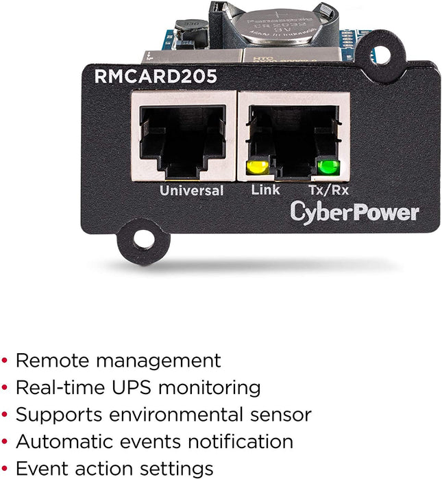 CyberPower Systems RMCARD205 Netzwerkkarte Fuer SNMP Slot - Kompatibel zu OR und PR Serie, Zwei Anschluesse: Netzwerk und Environment Senso, Schwarz