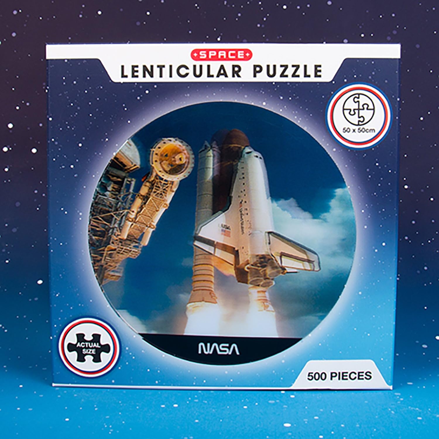 NASA Lenticular Puzzle. 500 Piece NASA Inspired Space Shuttle 3D Lenticular Jigsaw Puzzle. Circular Shaped with Moving 3D Effect. NASA Inspired Merchandise from Fizz Creations.