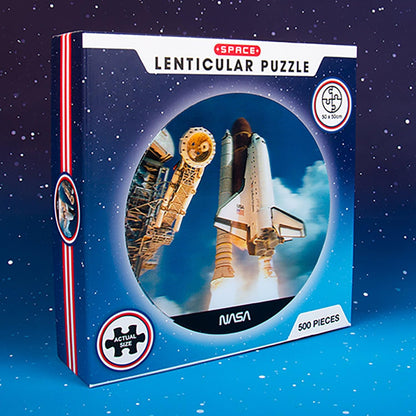 NASA Lenticular Puzzle. 500 Piece NASA Inspired Space Shuttle 3D Lenticular Jigsaw Puzzle. Circular Shaped with Moving 3D Effect. NASA Inspired Merchandise from Fizz Creations.