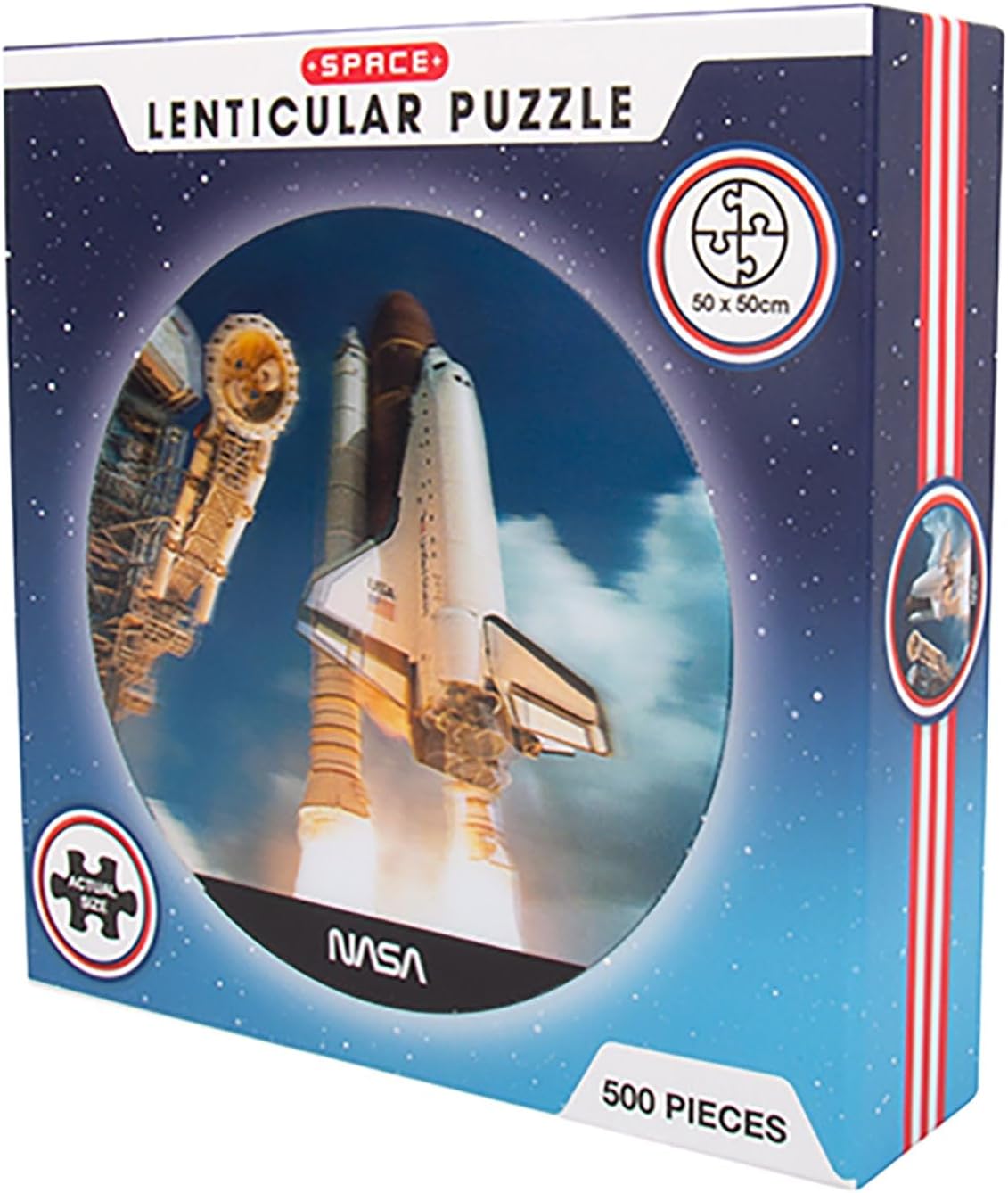NASA Lenticular Puzzle. 500 Piece NASA Inspired Space Shuttle 3D Lenticular Jigsaw Puzzle. Circular Shaped with Moving 3D Effect. NASA Inspired Merchandise from Fizz Creations.