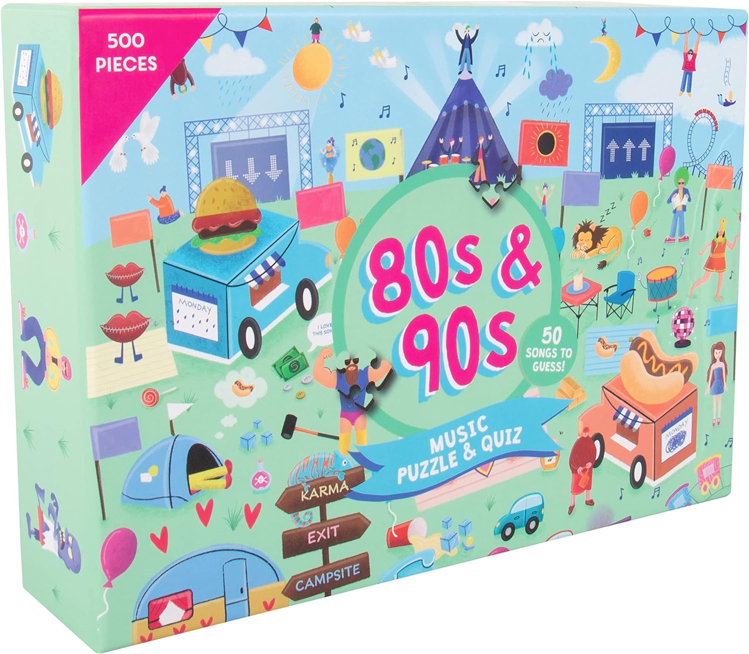 80s & 90s Song Title Music Puzzle & Quiz. 500 Piece Jigsaw Puzzle with 50 Hidden Song Titles. Quiz Sheet & Answers Included.