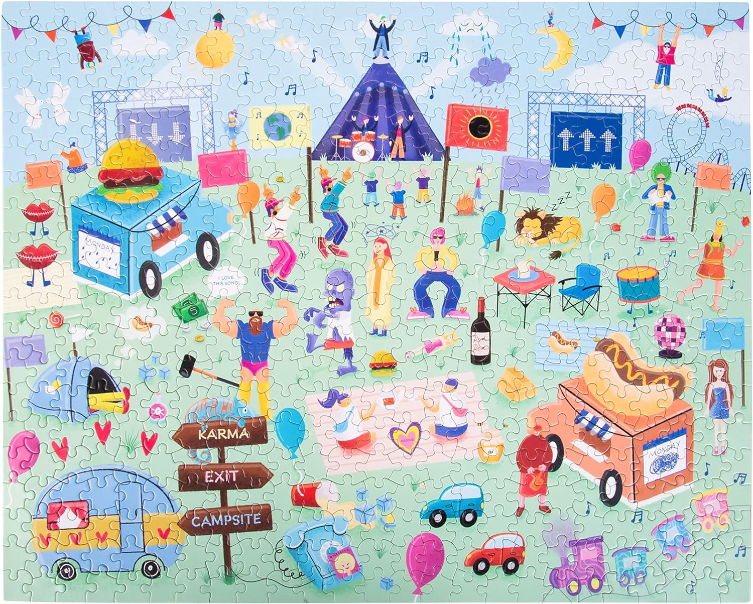 80s & 90s Song Title Music Puzzle & Quiz. 500 Piece Jigsaw Puzzle with 50 Hidden Song Titles. Quiz Sheet & Answers Included.
