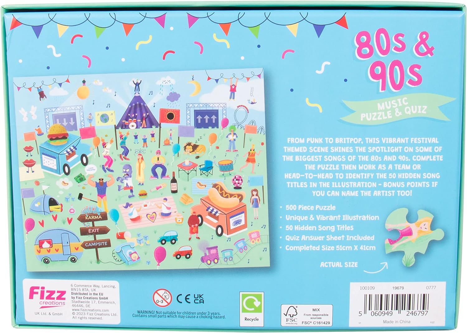 80s & 90s Song Title Music Puzzle & Quiz. 500 Piece Jigsaw Puzzle with 50 Hidden Song Titles. Quiz Sheet & Answers Included.