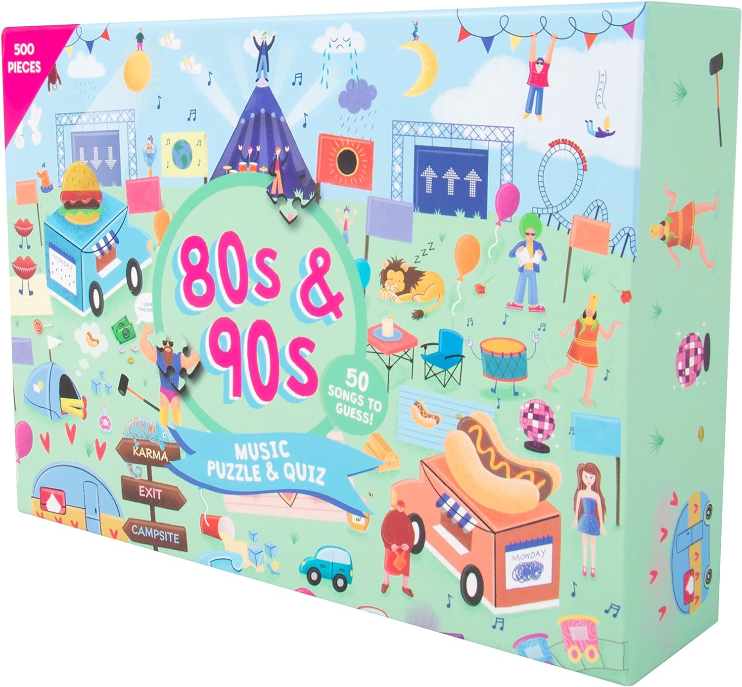 80s & 90s Song Title Music Puzzle & Quiz. 500 Piece Jigsaw Puzzle with 50 Hidden Song Titles. Quiz Sheet & Answers Included.