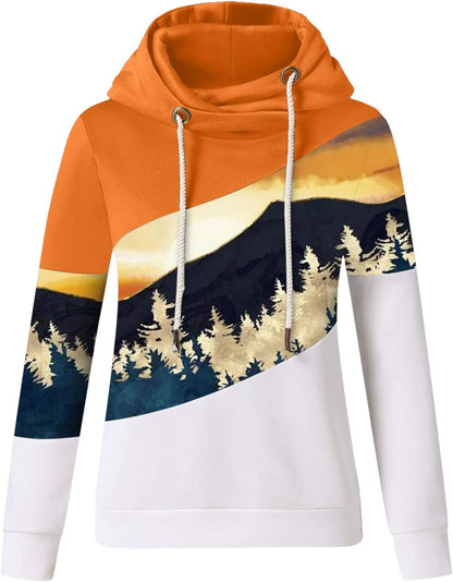 Berrykey Hoodies voor vrouwen, Cowl Neck Color Block Patchwork Herfst Hoodie Sweatshirts Warme Basic Womens Hoodie Pullover 1008-oranje XXL