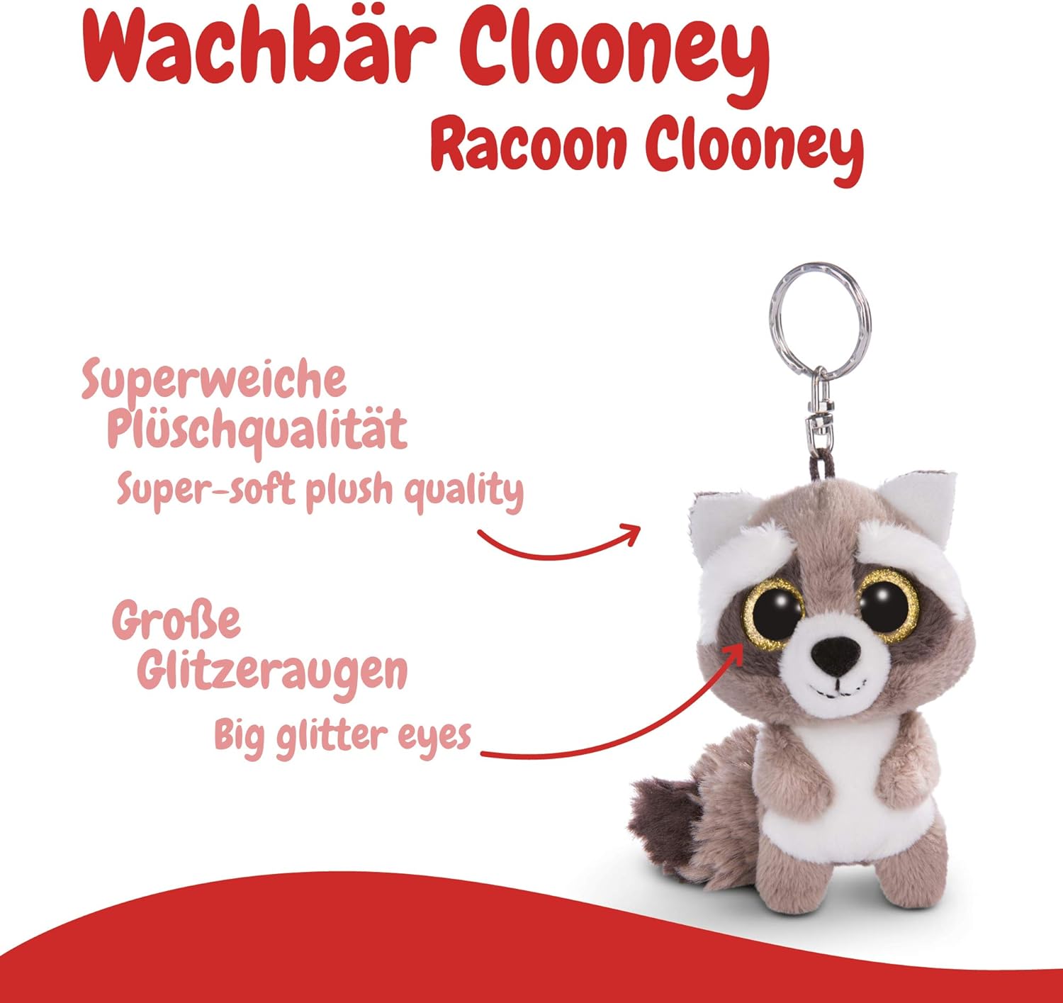 NICI 45550 Glubschis Schlüsselanhänger Waschbär Clooney 9cm Keyring Racoon, Animal Print, Colour: Pink/White, 9 cm