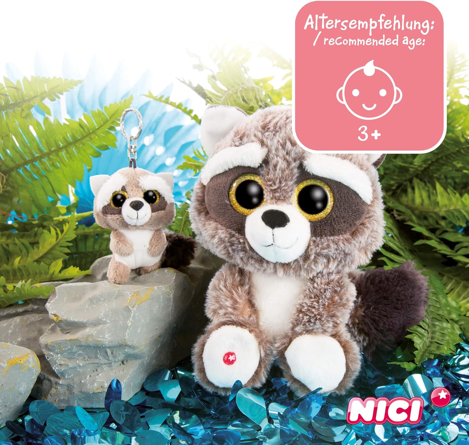 NICI 45550 Glubschis Schlüsselanhänger Waschbär Clooney 9cm Keyring Racoon, Animal Print, Colour: Pink/White, 9 cm