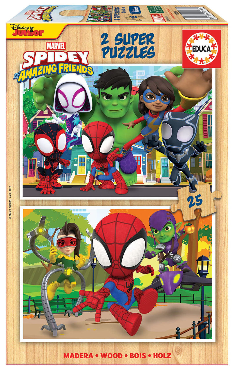 Educa - Spidey und Seine Super-Freunde, 2 x 25 Teile Holzpuzzleset für Kinder ab 3 Jahren, Spiderman, Marvel (19289
