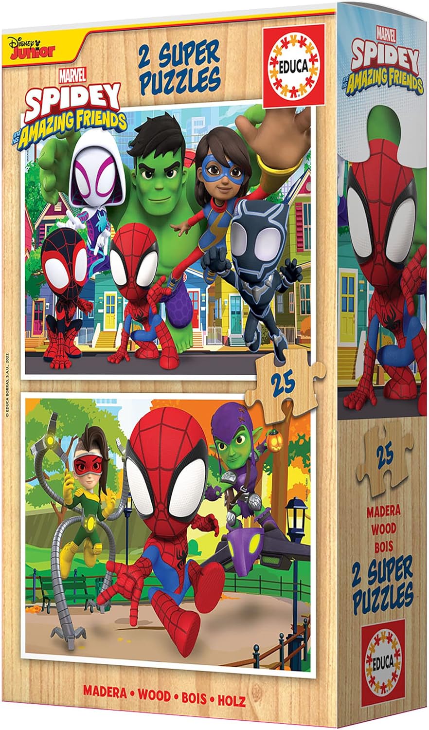 Educa - Spidey und Seine Super-Freunde, 2 x 25 Teile Holzpuzzleset für Kinder ab 3 Jahren, Spiderman, Marvel (19289
