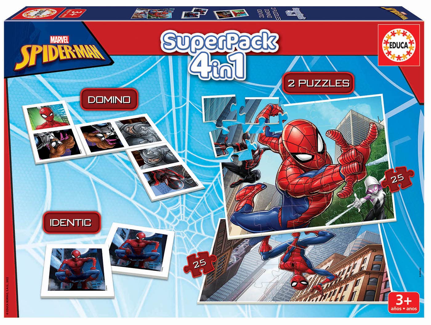 Educa - Superpack Spiderman Multiple Game Possibilities to Play Alone or with someone Includes Identic Dominoes and 2 Puzzles Board Game for Children from 3 Years Old (19353