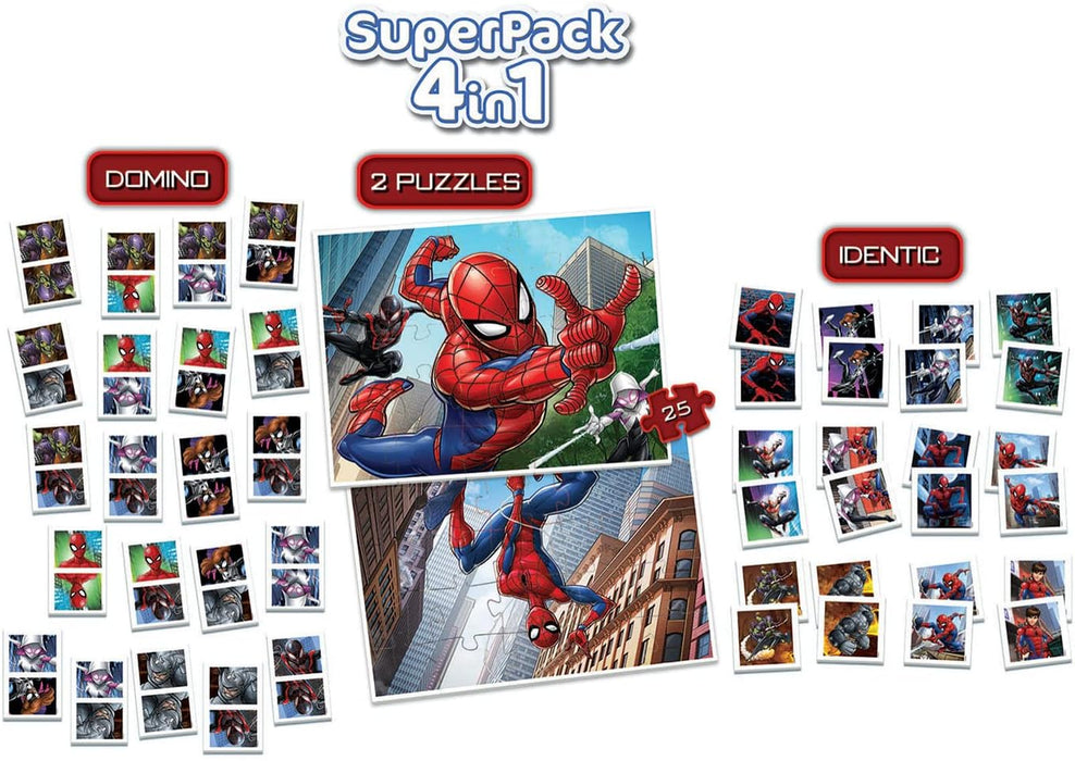 Educa - Superpack Spiderman Multiple Game Possibilities to Play Alone or with someone Includes Identic Dominoes and 2 Puzzles Board Game for Children from 3 Years Old (19353