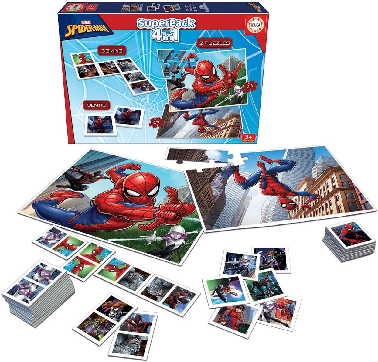 Educa - Superpack Spiderman Multiple Game Possibilities to Play Alone or with someone Includes Identic Dominoes and 2 Puzzles Board Game for Children from 3 Years Old (19353