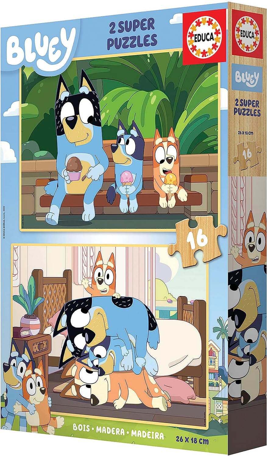 Educa - Puzzle Bluey | Set de 2 Puzzles Infantiles de Madera con 16 Piezas Cada uno. Medida montado: 26 x 18 cm. Compuestos por Grandes Piezas Perfectamente acabadas. A Partir de 3 años (19406