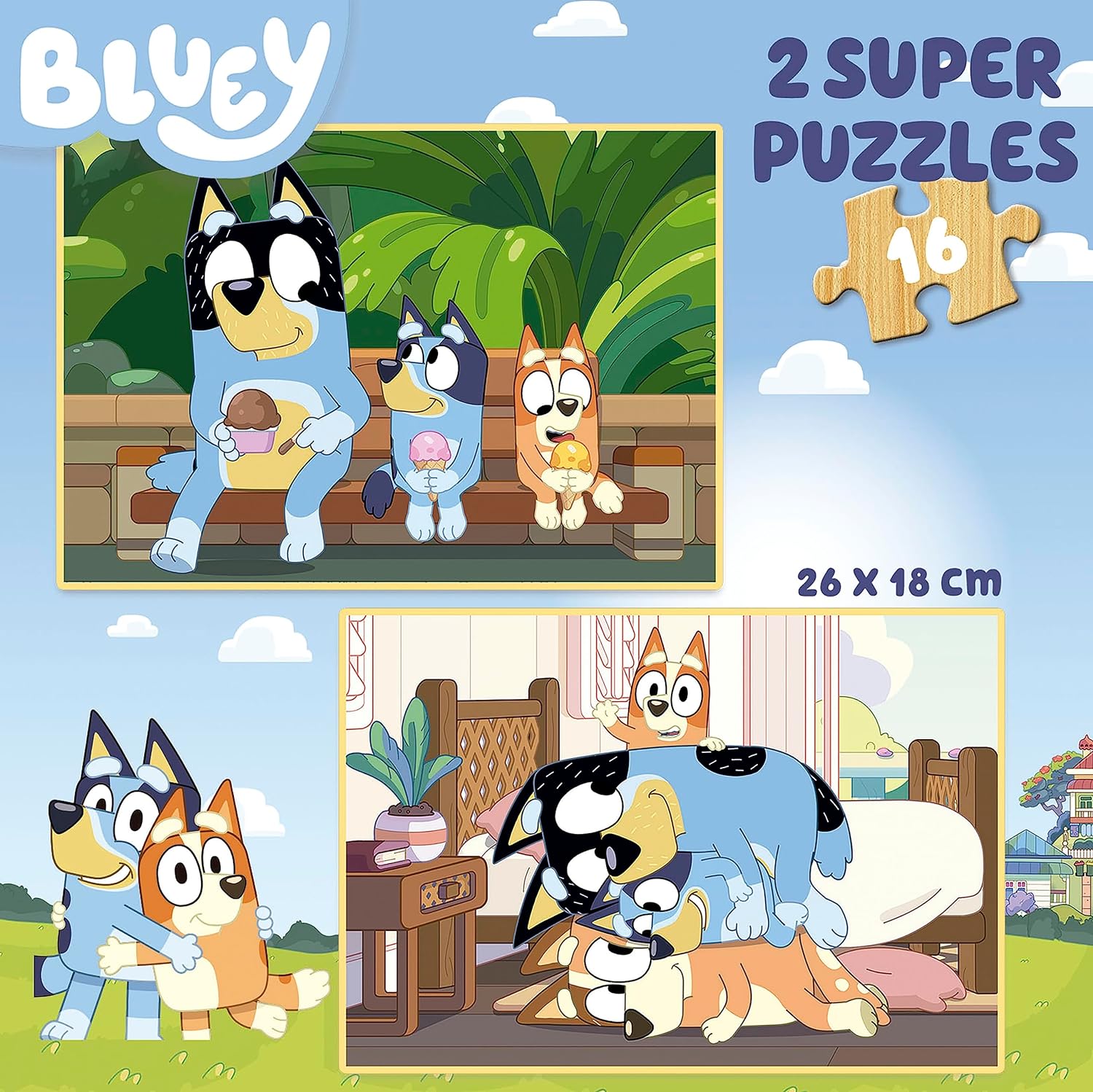 Educa - Puzzle Bluey | Set de 2 Puzzles Infantiles de Madera con 16 Piezas Cada uno. Medida montado: 26 x 18 cm. Compuestos por Grandes Piezas Perfectamente acabadas. A Partir de 3 años (19406
