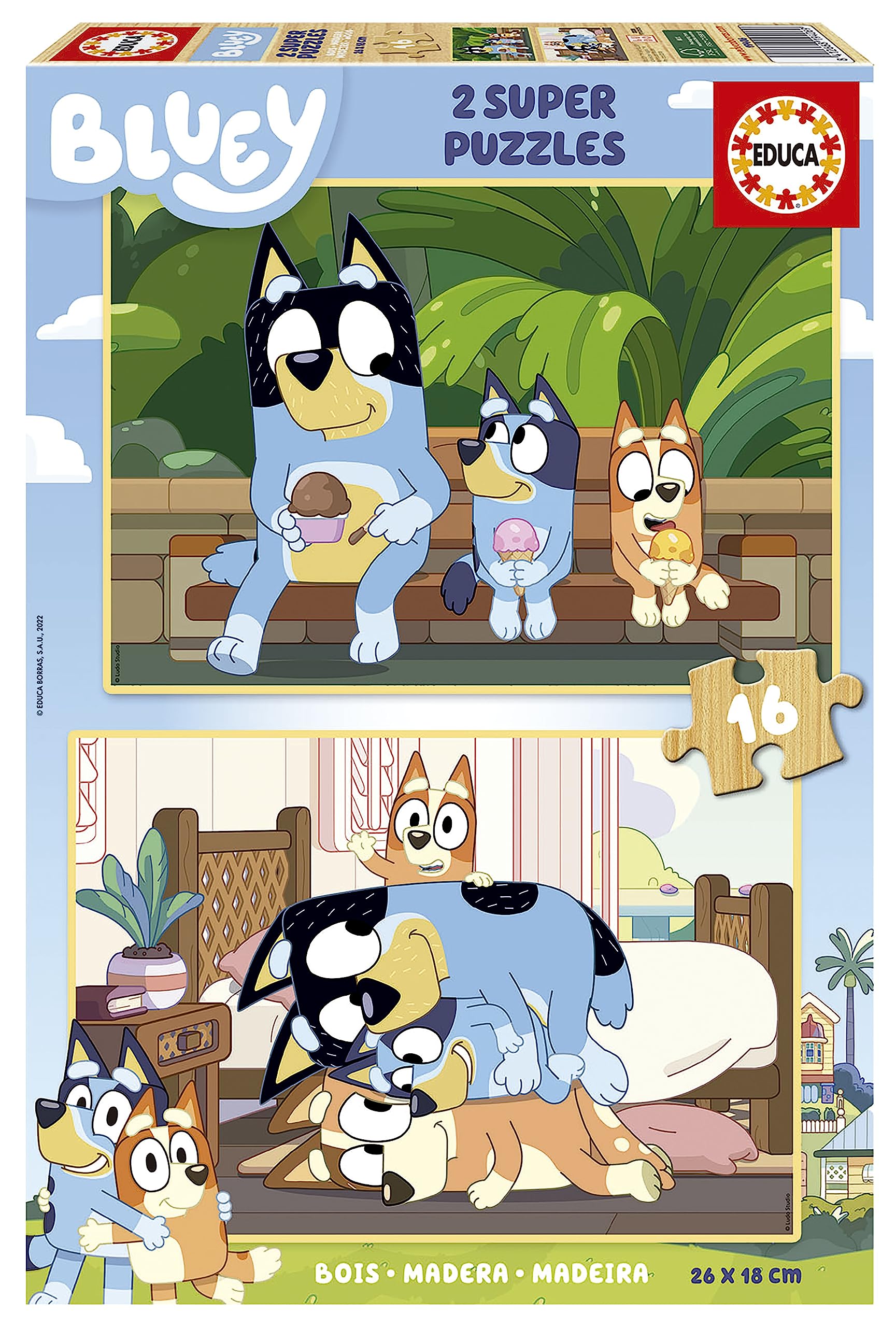 Educa - Puzzle Bluey | Set de 2 Puzzles Infantiles de Madera con 16 Piezas Cada uno. Medida montado: 26 x 18 cm. Compuestos por Grandes Piezas Perfectamente acabadas. A Partir de 3 años (19406