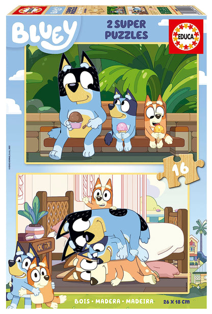 Educa - Puzzle Bluey | Set de 2 Puzzles Infantiles de Madera con 16 Piezas Cada uno. Medida montado: 26 x 18 cm. Compuestos por Grandes Piezas Perfectamente acabadas. A Partir de 3 años (19406