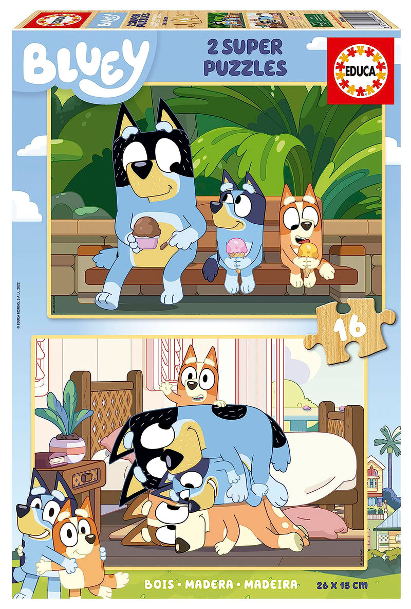 Educa - Puzzle Bluey | Set de 2 Puzzles Infantiles de Madera con 16 Piezas Cada uno. Medida montado: 26 x 18 cm. Compuestos por Grandes Piezas Perfectamente acabadas. A Partir de 3 años (19406