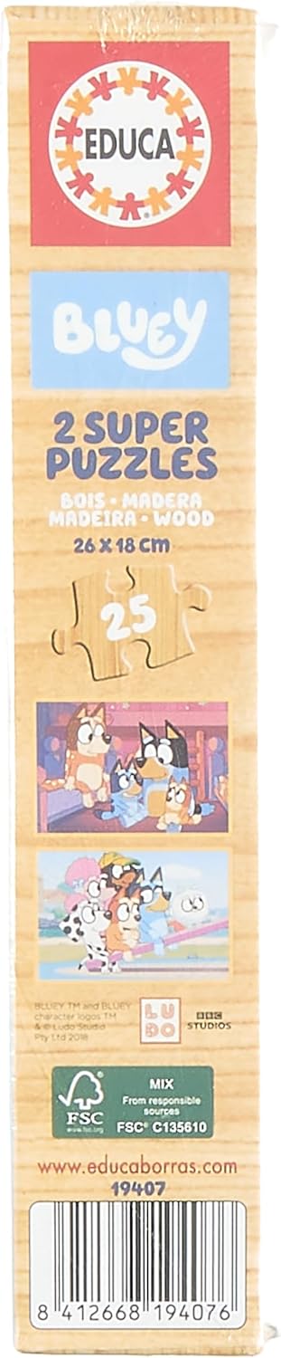 Educa Borras Educa 19407, Bluey Super, 2 x 25 Pieces Wooden Set 3 Years, Children's Puzzle, Versatile