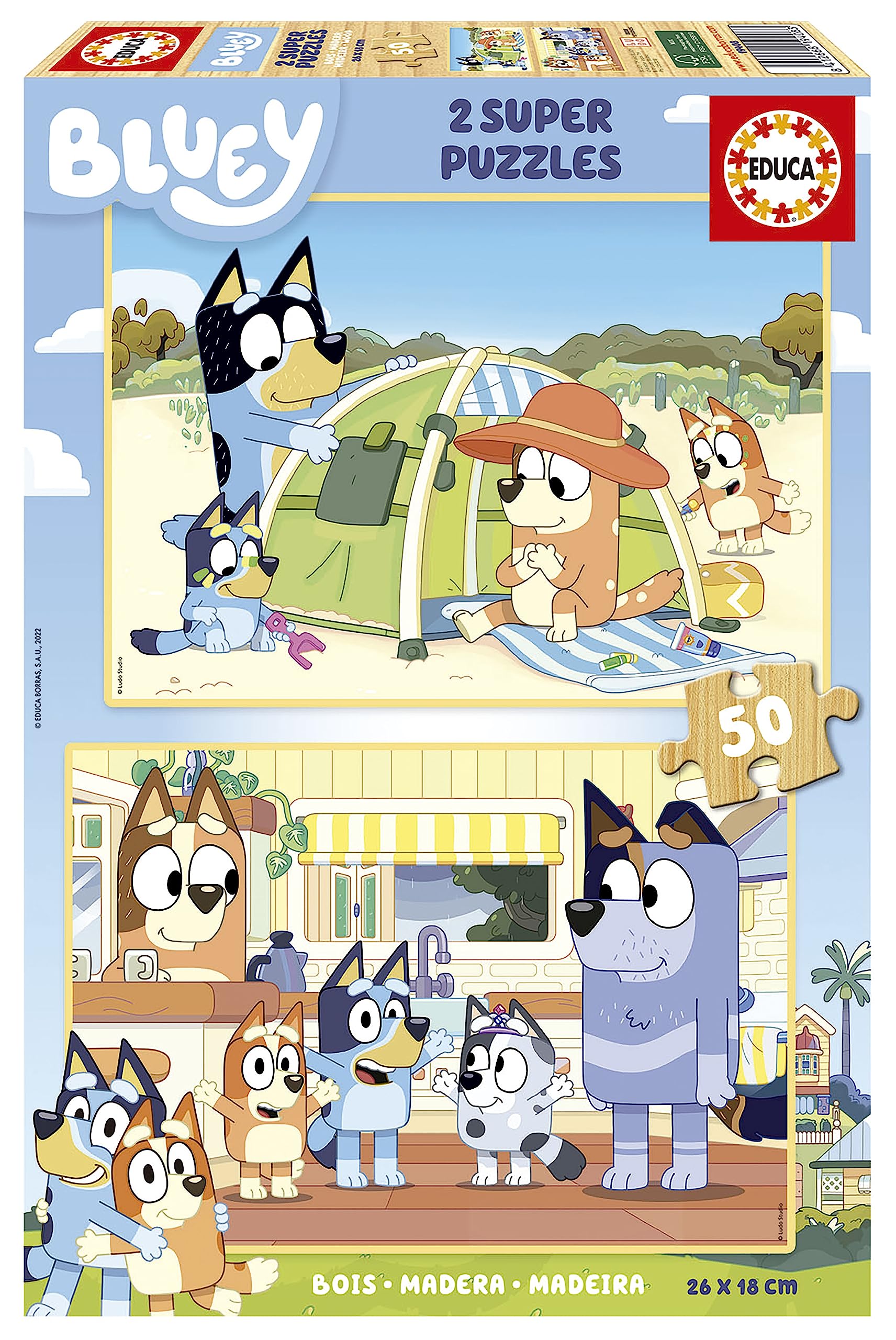 Educa - Puzzle Bluey | Set de 2 Puzzles Infantiles de Madera con 50 Piezas Cada uno. Medidas montado: 28 x 20 cm. Compuesto por Grandes Piezas Perfectamente acabadas. A Partir de 5 años (19408