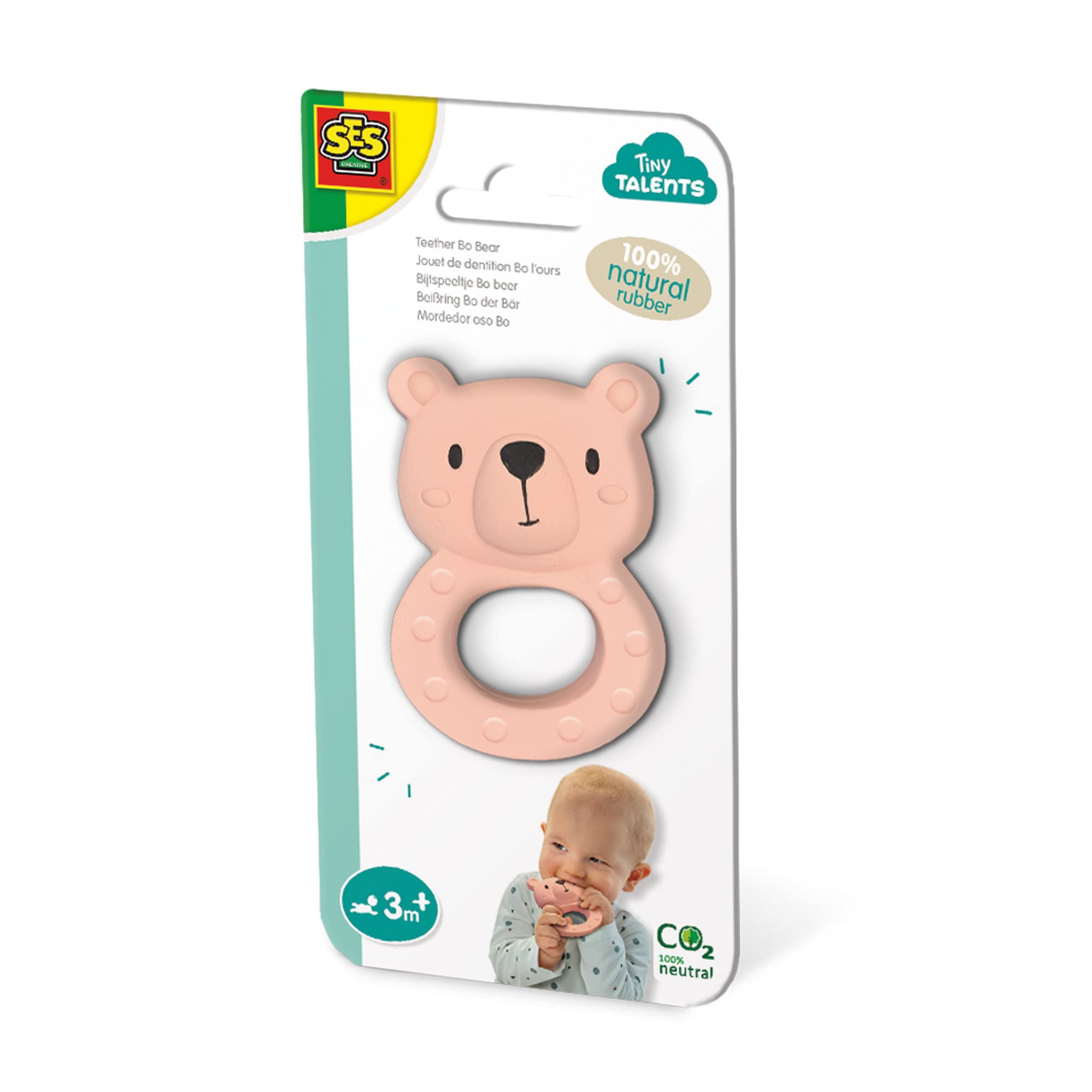SES Creative 13162 Teether Bo Bear - 100% Natural rubber - 100% natural rubber; Safe and soft (non-toxic) material and paint; Easy to Grip and handle for little hands; Age 3m+