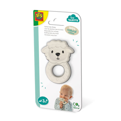 SES Creative 13164 Teether Sam Sheep - 100% Natural Rubber; Safe and Soft (Non-Toxic) Material and Paint; Easy to Grip and Handle for Little Hands; Ridged Surface for Developing Teeth; Age 3m+