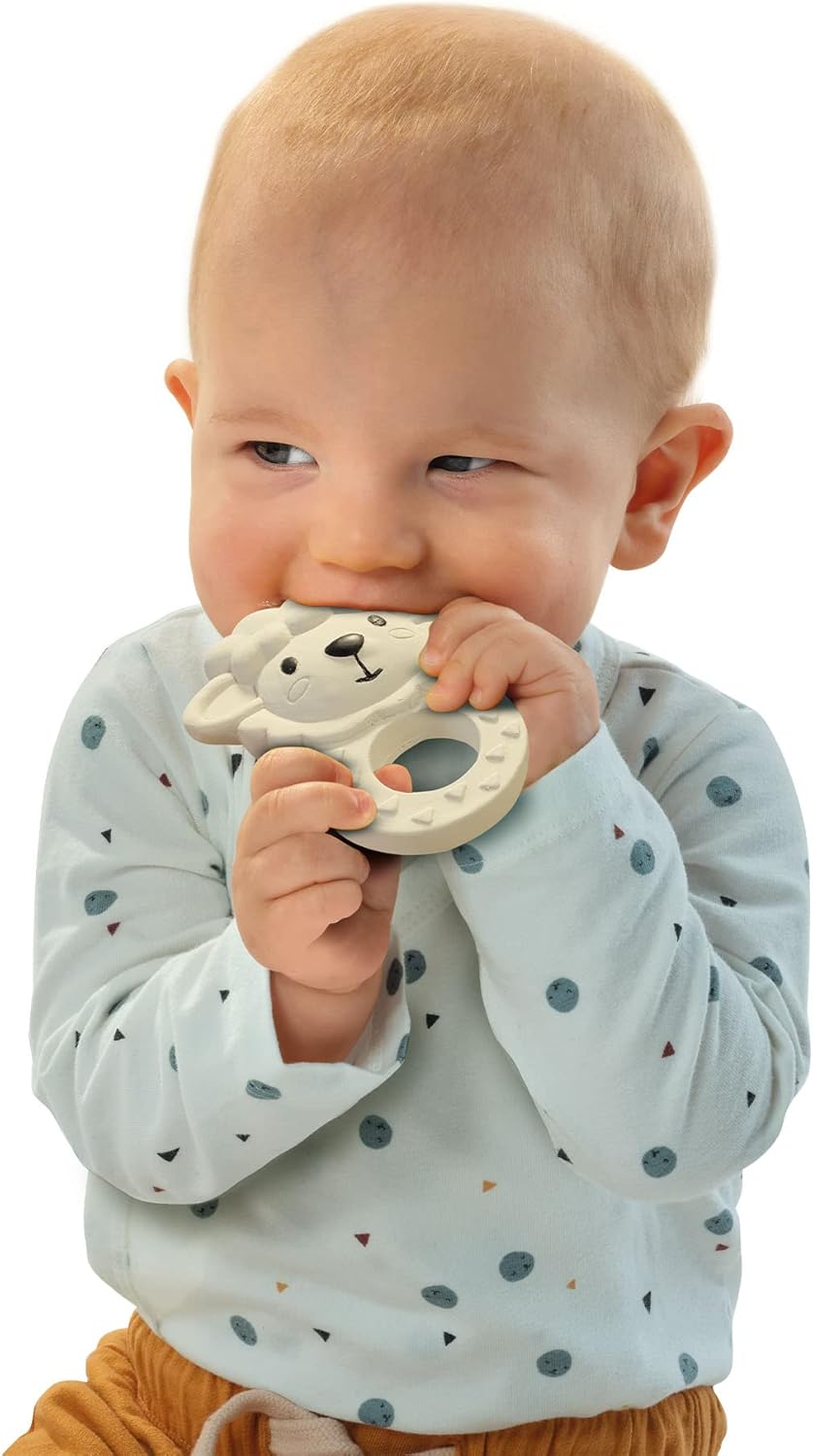 SES Creative 13164 Teether Sam Sheep - 100% Natural Rubber; Safe and Soft (Non-Toxic) Material and Paint; Easy to Grip and Handle for Little Hands; Ridged Surface for Developing Teeth; Age 3m+