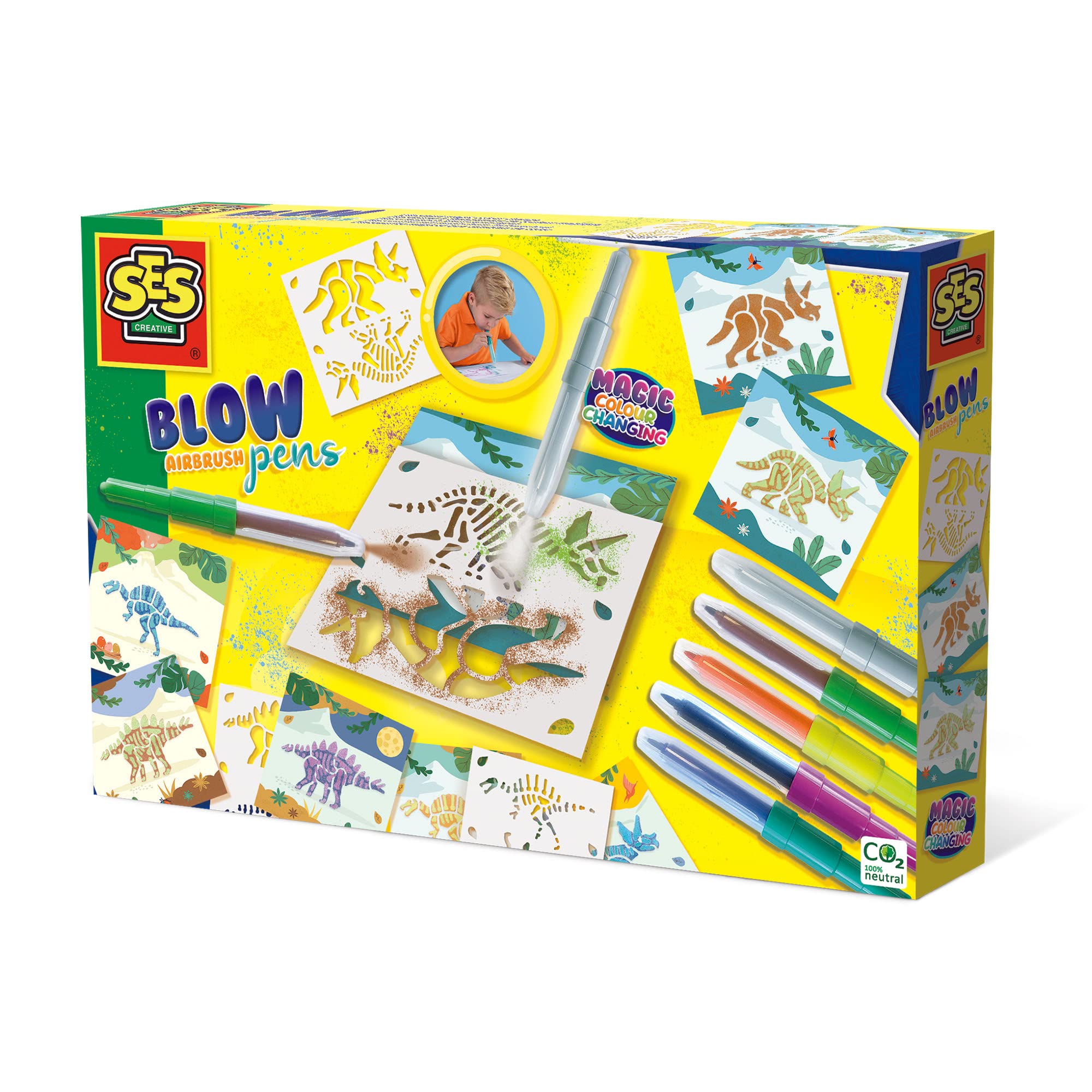 SES Creative 14286 Blow Airbrush pens-Dinosaurs Magic Colour Change, Multi, One Size