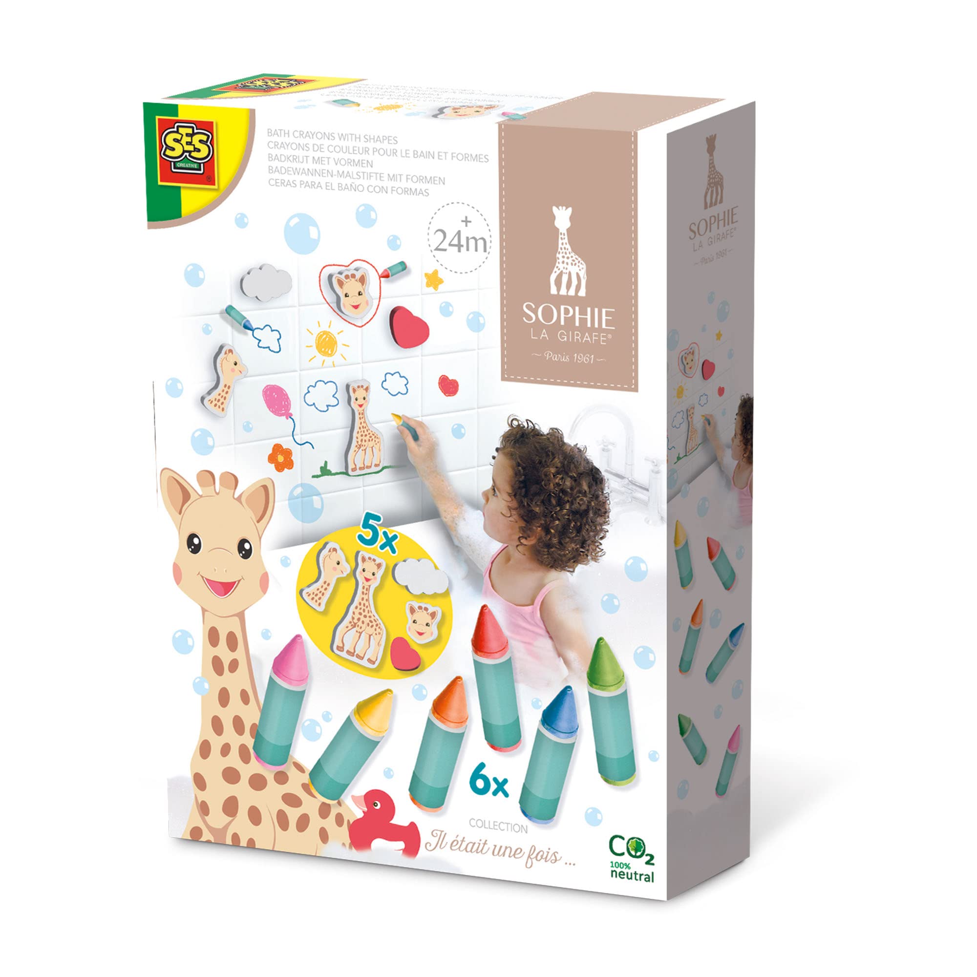 SES Creative 14498 Sophie la girafe - Bath crayons with shapes - With firm foam figures of Sophie la giraffe, Age 24M+