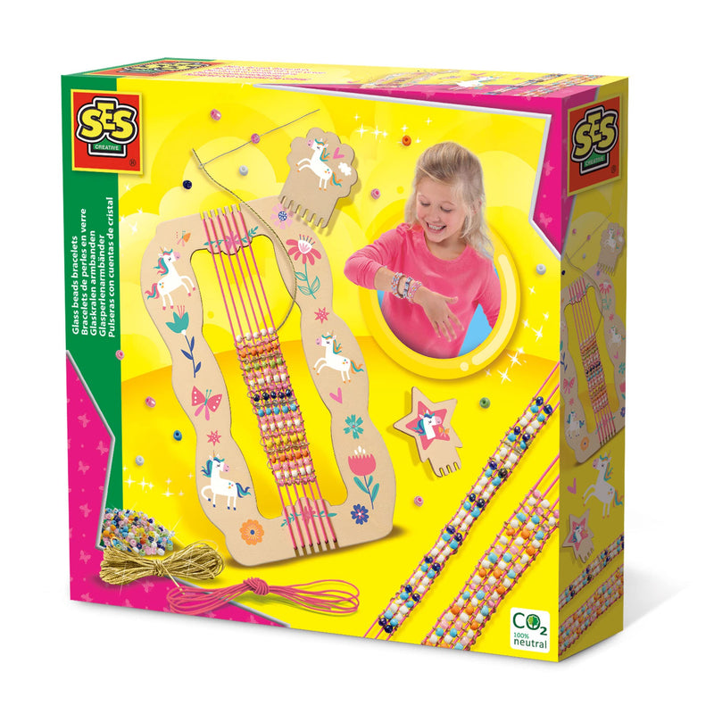 SES Creative 14745 Glass Beads Bracelets - Handy Wooden Frame Loom; Just Stretch The Elastic Over The Loom to Start Weaving with Beads; Age 6+
