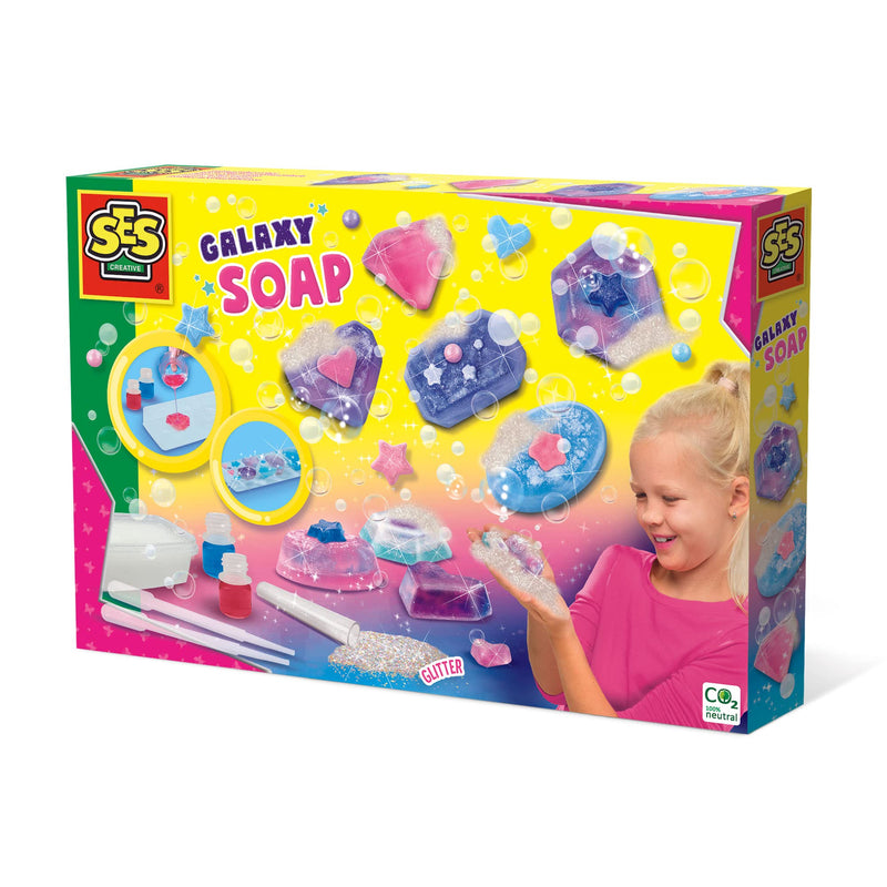 SES Creative 14765 Making Galaxy Soaps - Create Soaps in Different Shapes; You can Mix Colours; Stimulates Creativity; Glitter Included That give Your Soaps a Magical Appearance; Age 7+