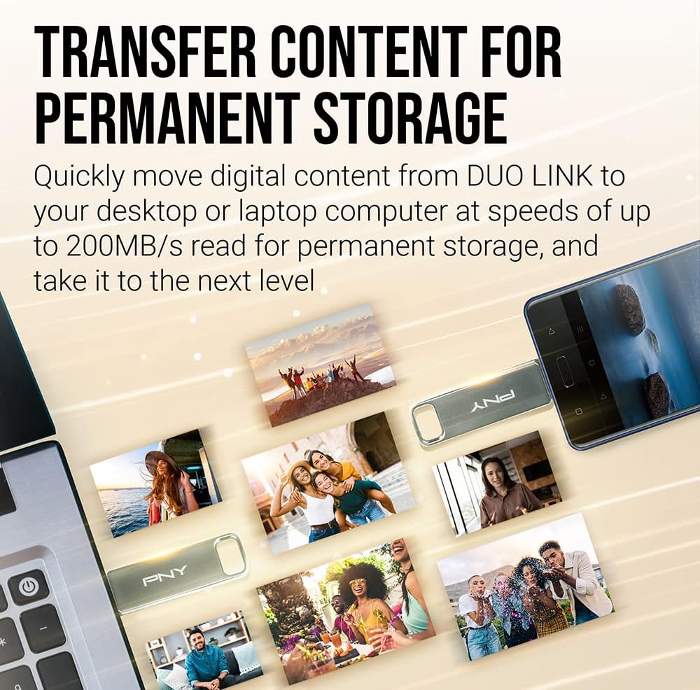 PNY 256GB DUO LINK USB 3.2 Type-C Dual Flash Drive for Android Devices and Computers - External Mobile Storage for Photos, Videos, and More - 200MB/s