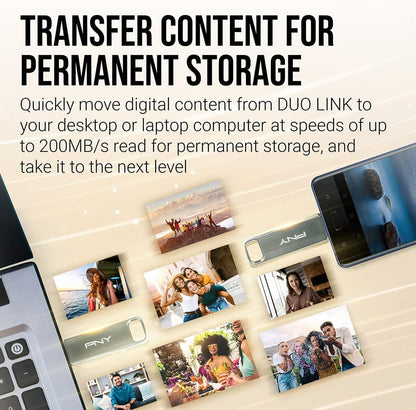 PNY 256GB DUO LINK USB 3.2 Type-C Dual Flash Drive for Android Devices and Computers - External Mobile Storage for Photos, Videos, and More - 200MB/s