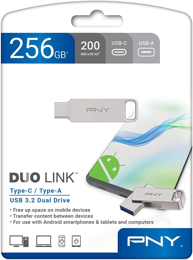 PNY 256GB DUO LINK USB 3.2 Type-C Dual Flash Drive for Android Devices and Computers - External Mobile Storage for Photos, Videos, and More - 200MB/s