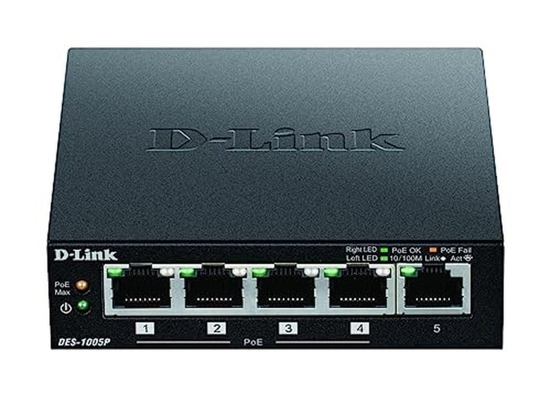 D-Link DES-1005P Fast Ethernet Switch (5-Port Layer2, 10/100 Mbit/s, PoE, einfache Plug & Play-Installation, automatische MDI/MDIX-Erkennung, lüfterlos) schwarz