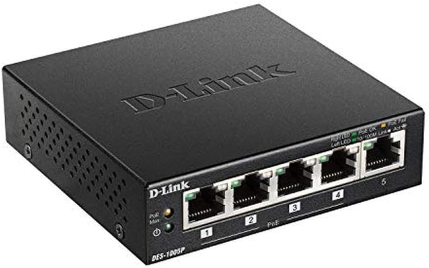 D-Link DES-1005P Fast Ethernet Switch (5-Port Layer2, 10/100 Mbit/s, PoE, einfache Plug & Play-Installation, automatische MDI/MDIX-Erkennung, lüfterlos) schwarz