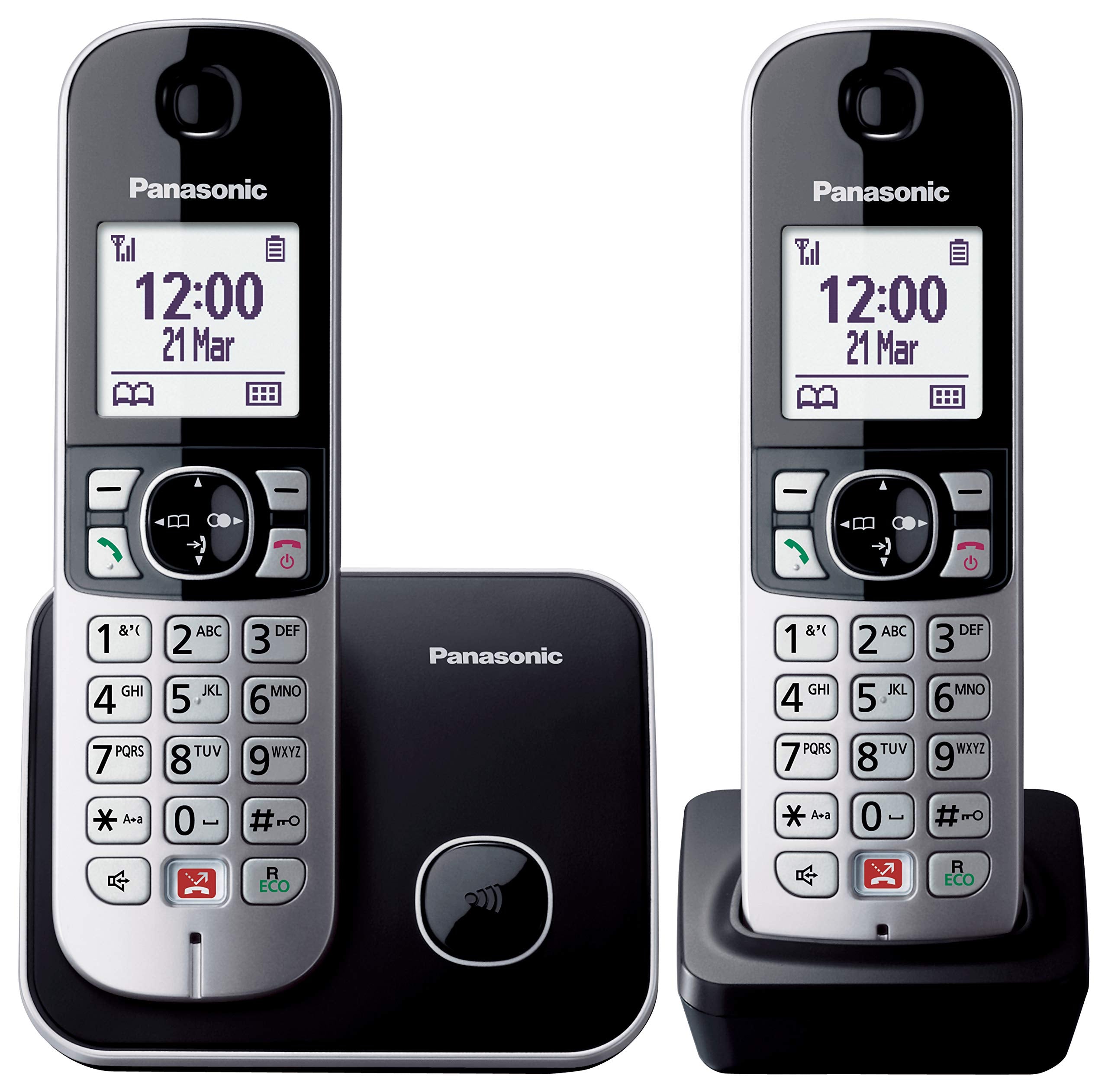 Panasonic KX-TG6852JTB Telefono Cordless Digitale, Unità Base e 2 Ricevitori, ID Chiamante, Blocco Chiamate Indesiderate, Suoneria Categoria, Display LCD, Tastiera Illuminata, Nero senza segreteria te