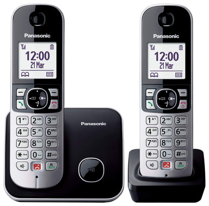 Panasonic KX-TG6852JTB Telefono Cordless Digitale, Unità Base e 2 Ricevitori, ID Chiamante, Blocco Chiamate Indesiderate, Suoneria Categoria, Display LCD, Tastiera Illuminata, Nero senza segreteria te