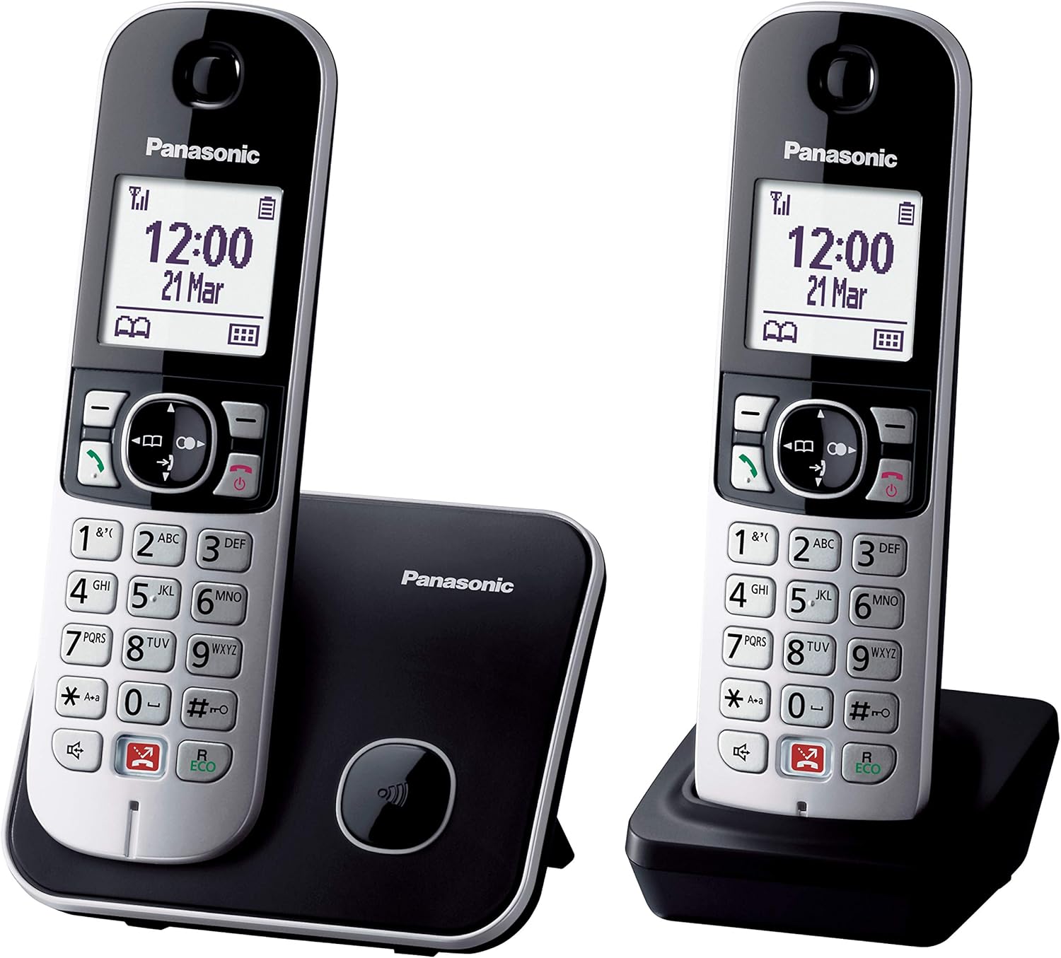 Panasonic KX-TG6852JTB Telefono Cordless Digitale, Unità Base e 2 Ricevitori, ID Chiamante, Blocco Chiamate Indesiderate, Suoneria Categoria, Display LCD, Tastiera Illuminata, Nero senza segreteria te