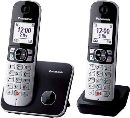 Panasonic KX-TG6852JTB Telefono Cordless Digitale, Unità Base e 2 Ricevitori, ID Chiamante, Blocco Chiamate Indesiderate, Suoneria Categoria, Display LCD, Tastiera Illuminata, Nero senza segreteria te