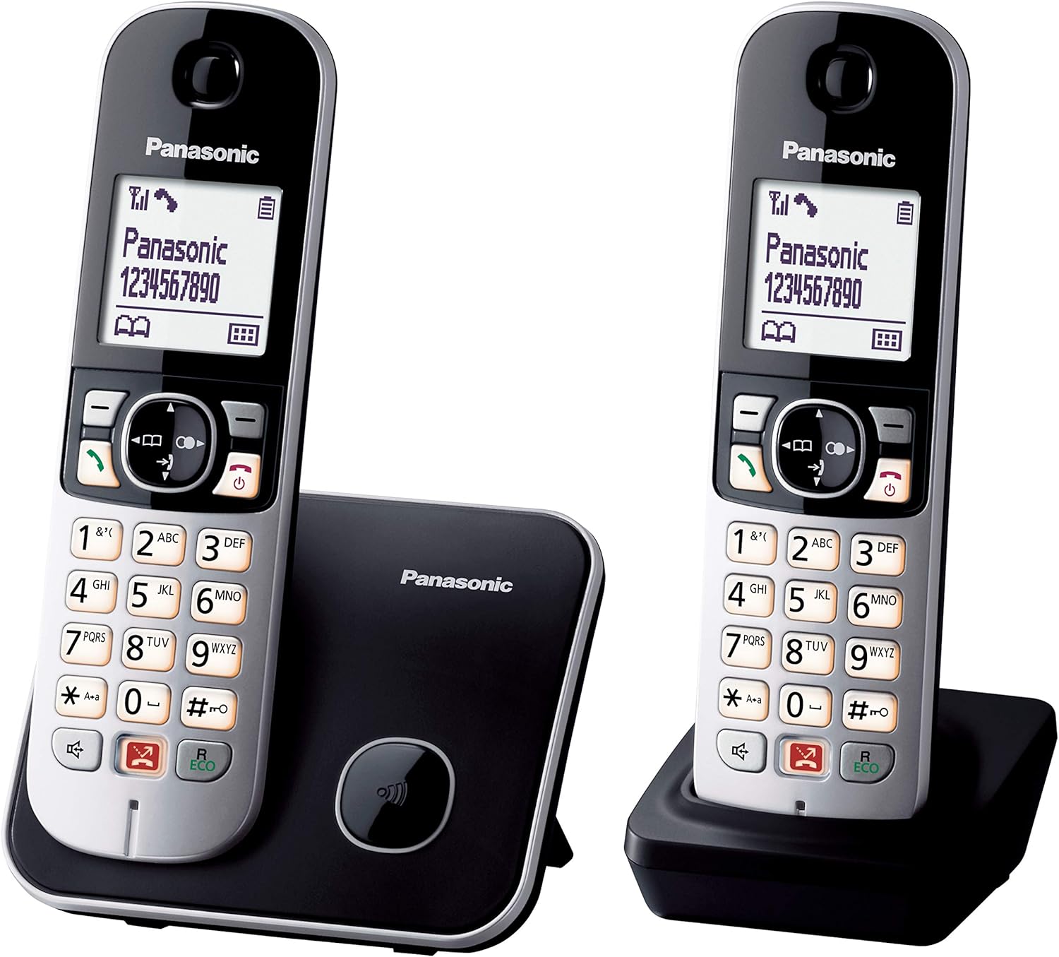 Panasonic KX-TG6852JTB Telefono Cordless Digitale, Unità Base e 2 Ricevitori, ID Chiamante, Blocco Chiamate Indesiderate, Suoneria Categoria, Display LCD, Tastiera Illuminata, Nero senza segreteria te