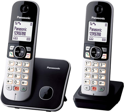 Panasonic KX-TG6852JTB Telefono Cordless Digitale, Unità Base e 2 Ricevitori, ID Chiamante, Blocco Chiamate Indesiderate, Suoneria Categoria, Display LCD, Tastiera Illuminata, Nero senza segreteria te